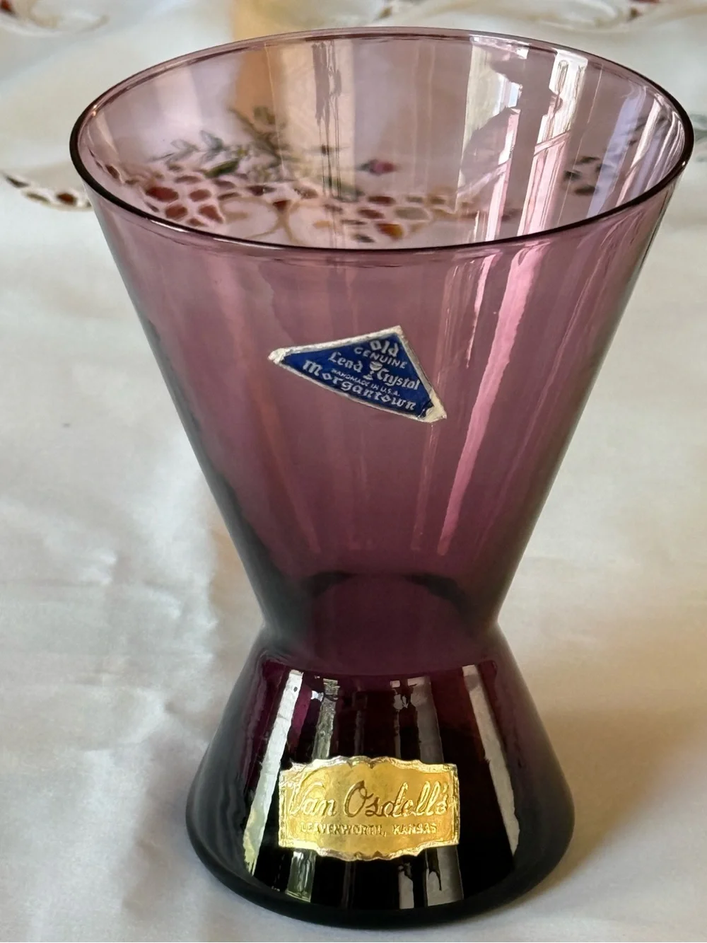 MCM Morgantown Glass Amethyst Brandy/Slant Glass With Original Labels.